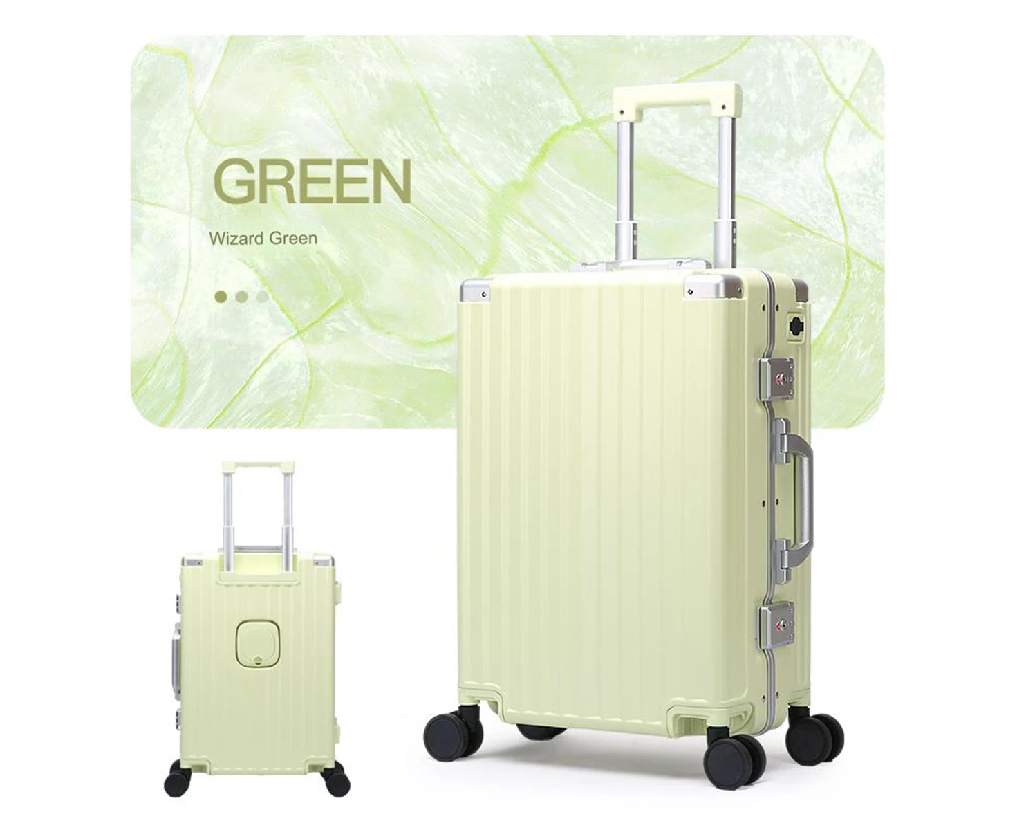 BOPAI Aluminium Frame Luggage Suitcase Lightweight with TSA locker 8 wheels 360 degree rolling HardCase B9253 20″ 26″ 2 Pieces Suitcase Set Green