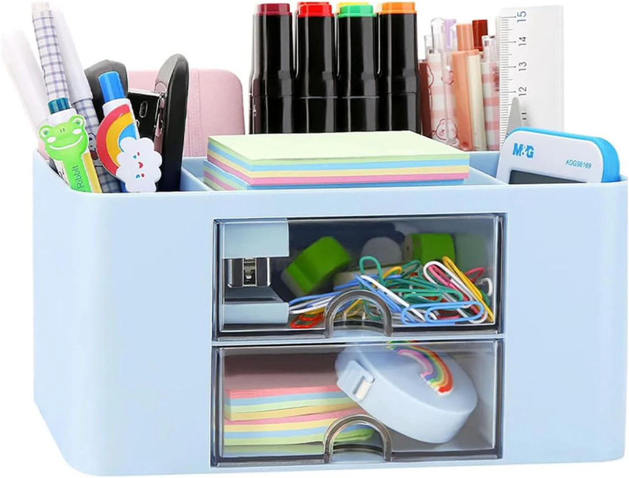 Blue Desk Organizer with Drawers and Caddy - 2 Drawer Storage for Office Supplies