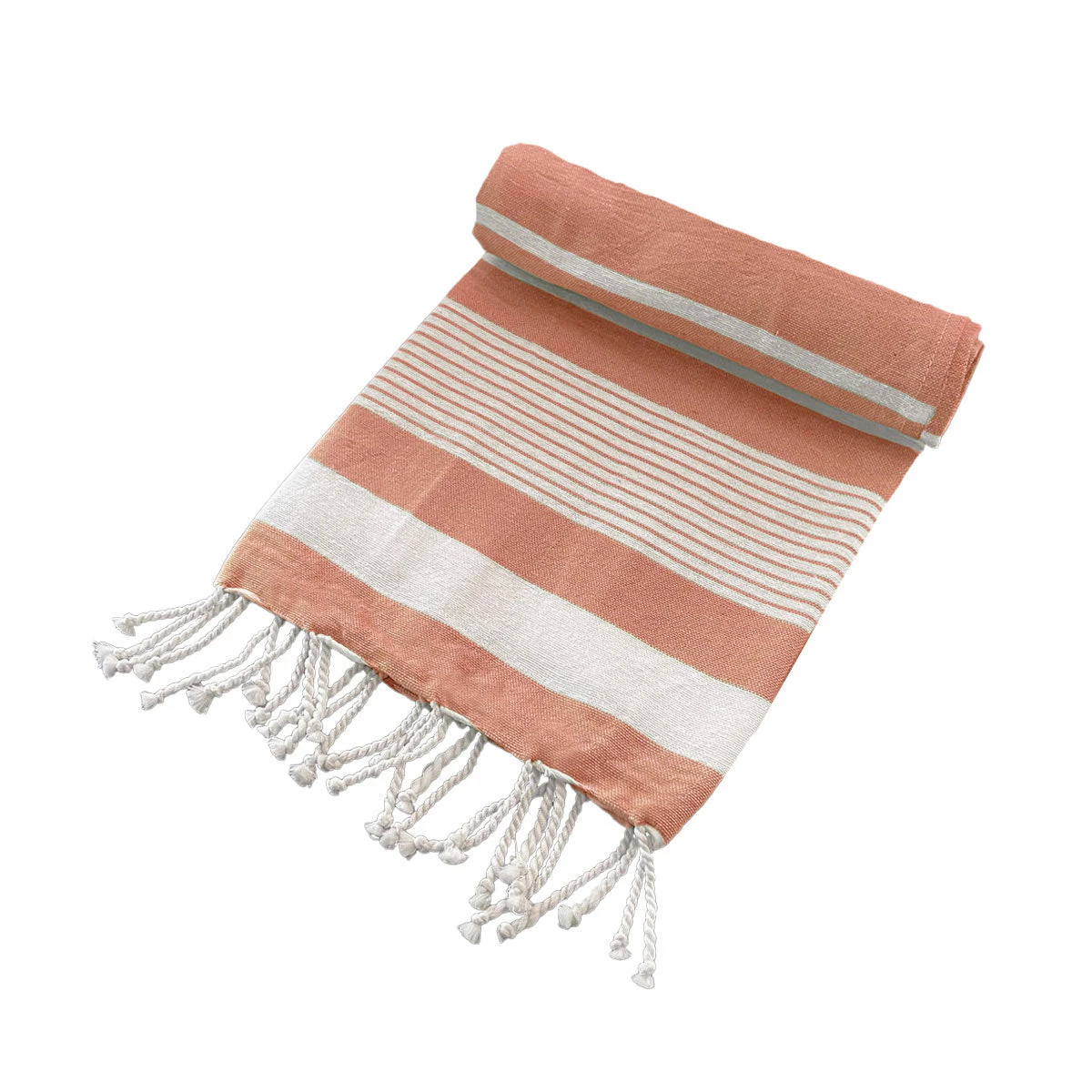 Striped Turkish Beach Towel Cotton Rich Tassels 200gsm 80cm x 155cm Coral Pink