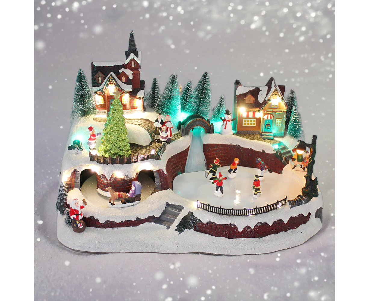 Animated Christmas Snowy Village Moving Skaters Sleigh LED Lights Music