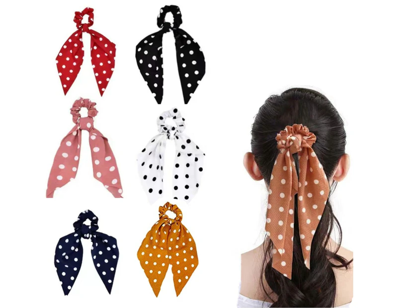 6 Pieces Chiffon Floral Scrunchie Ribbon Bow Scrunchies Ponytail Polka Dot Hair Scarves 2 in 1 Hair Ties Use for Women Girls