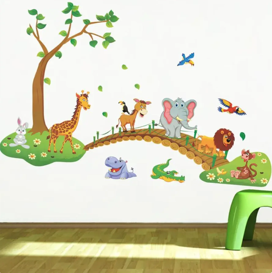 ANIMALS BRIDGE ELEPHANT LION MONKEY BIRD GIRAFFE RABBIT WALL STICKER MURAL Decal