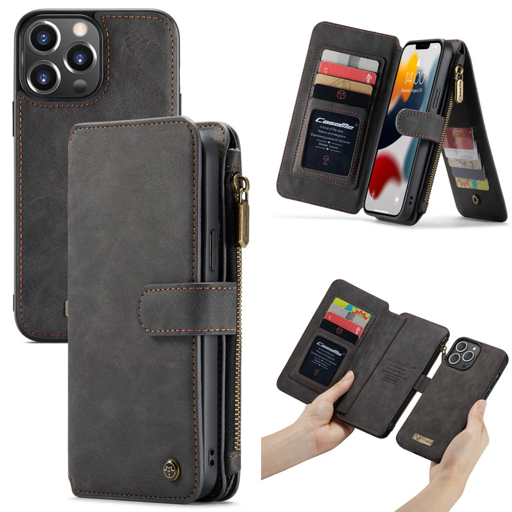 For iPhone 13 Pro Case, Wallet PU Leather Detachable Folio Cover, Black