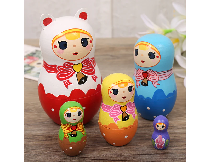 5Pcs/Set Wooden Bow-Knot Bell Flower Girl Nesting Doll Matryoshka Figurines Toy