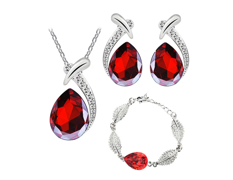 Lady Rhinestone Inlaid Water Drop Pendant Necklace Bracelet Earrings Jewelry Set Bright Red