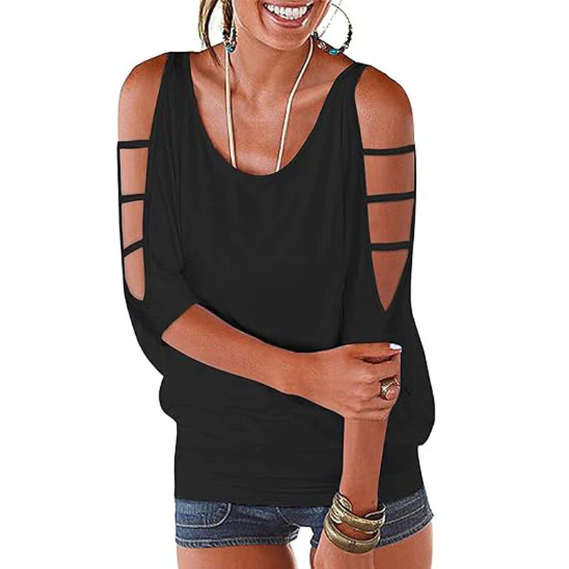 Womens Summer Cold Shoulder 3/4 Sleeve Blouses - Black