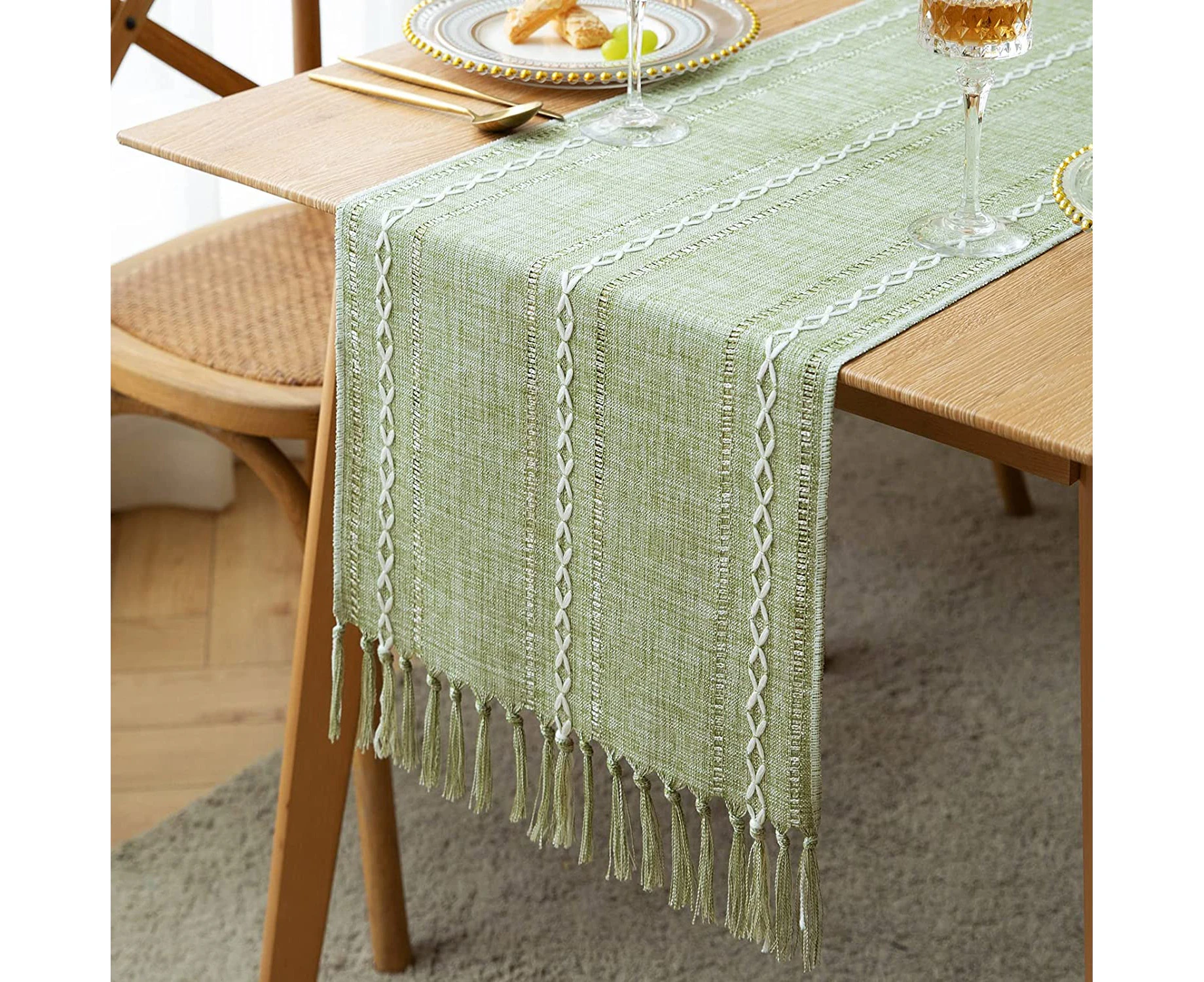 Farmhouse Table Runner Rustic Linen Boho Table Runner -Green