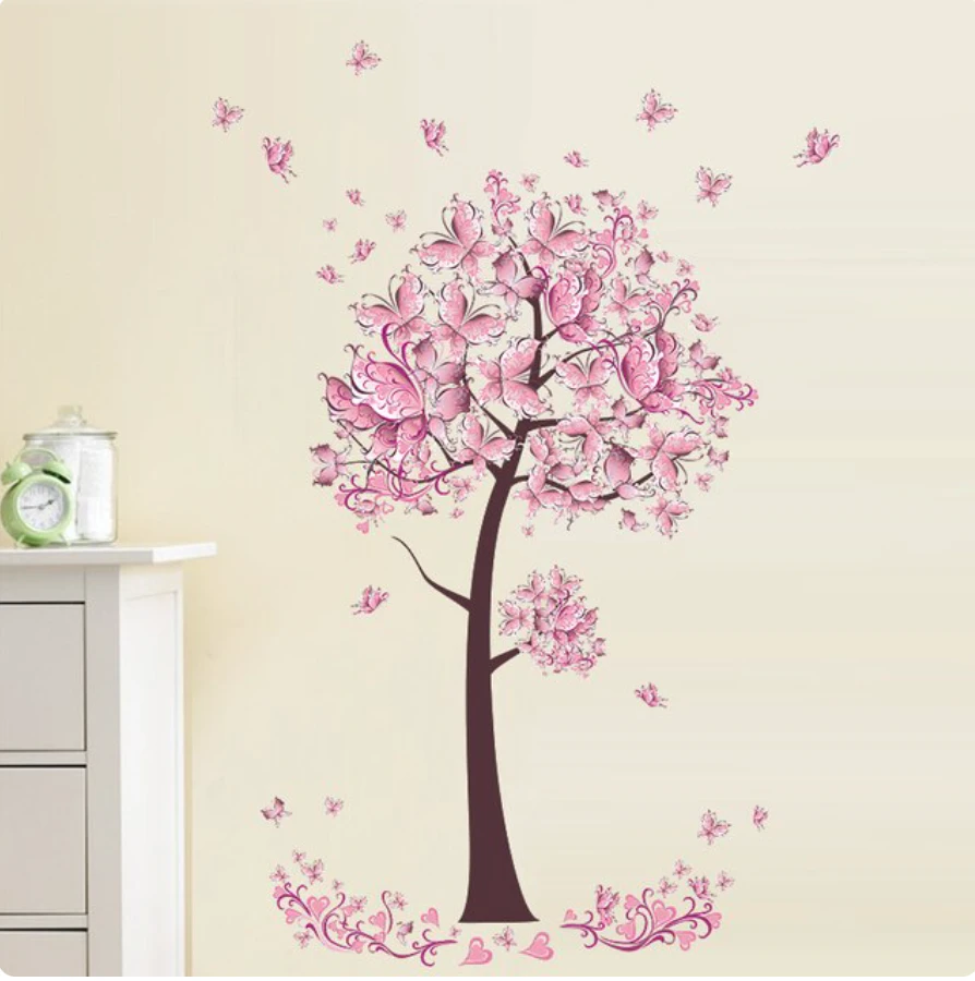 BUTTERFLY TREE CHERRY BLOSSOMS PINK HEARTS 3D WALL STICKER MURAL ART Decal