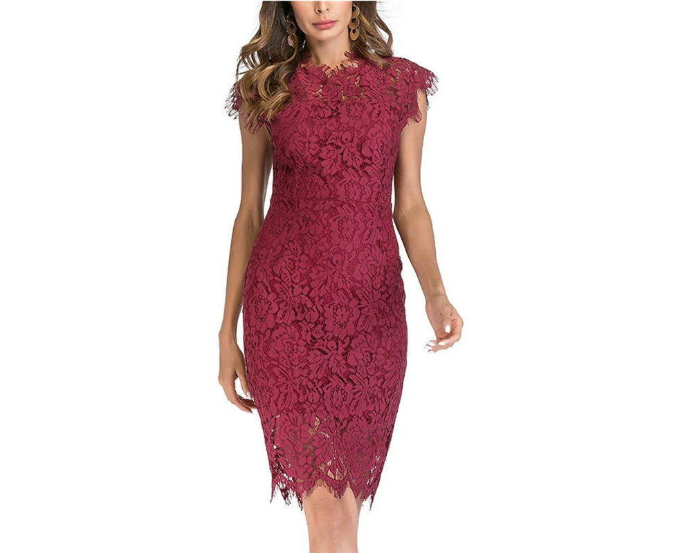 Women's Sleeveless Lace Floral Elegant Cocktail Dress Crew Neck Knee Length-Wine red