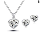 Women's Fashion Jewelry Heart Crystal Pendant Necklace Ear Studs Earrings Set Silver + White