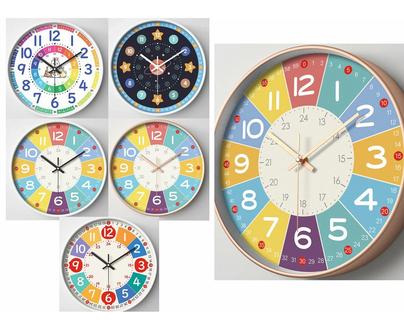 5 Designs - 20cm Silent Wall Clock Education Kids Sweeping Non Ticking Teach Read Children c - 5