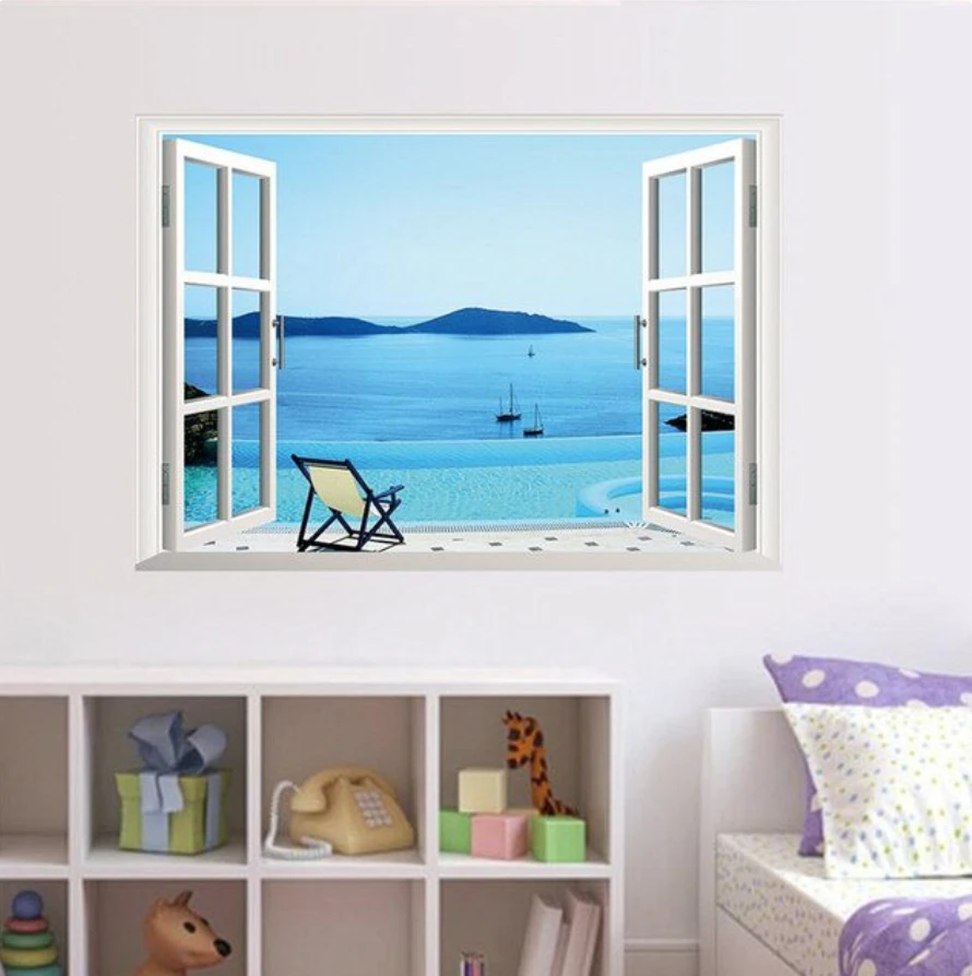 BEACH WINDOW TROPICAL ISLAND OCEAN SEA BOAT 3D WALL STICKER MURAL ART Decal