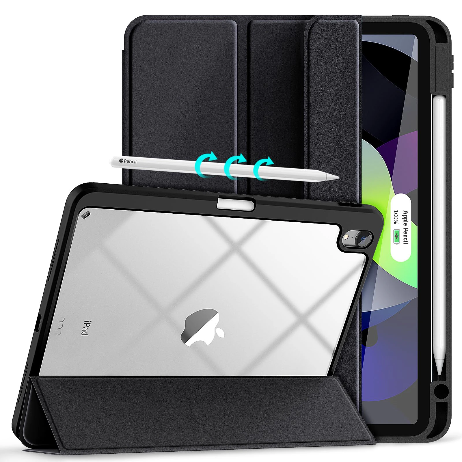 iPad 10th Case 10.9 Inch 2022 with Pencil Holder, Smart iPad Clear Case with Soft TPU Auto Wake Sleep Black