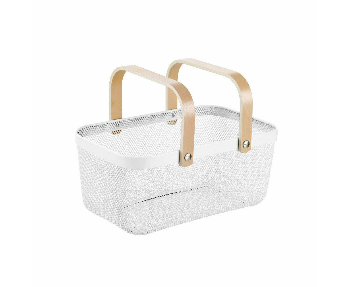 40x25x17cm Mesh Home Storage Basket/Organiser w/Wooden Handle White