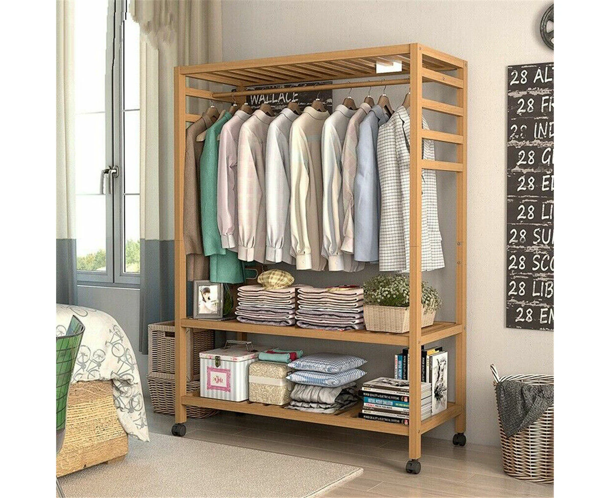 Wooden Clothes Rail and Garment Rolling Stand