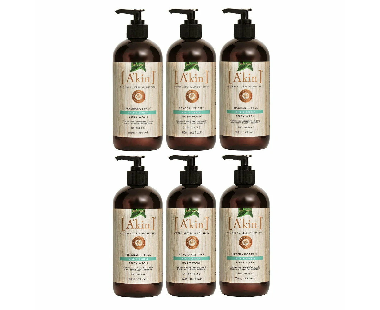 6 x Akin Fragrance Free Mild and Gentle Body and Hand Wash 500ml