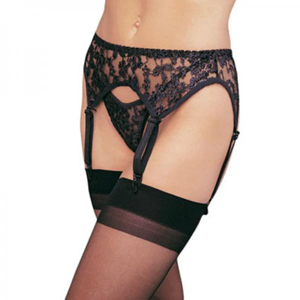 Lace Garter Belt Thong Panty O-S Black