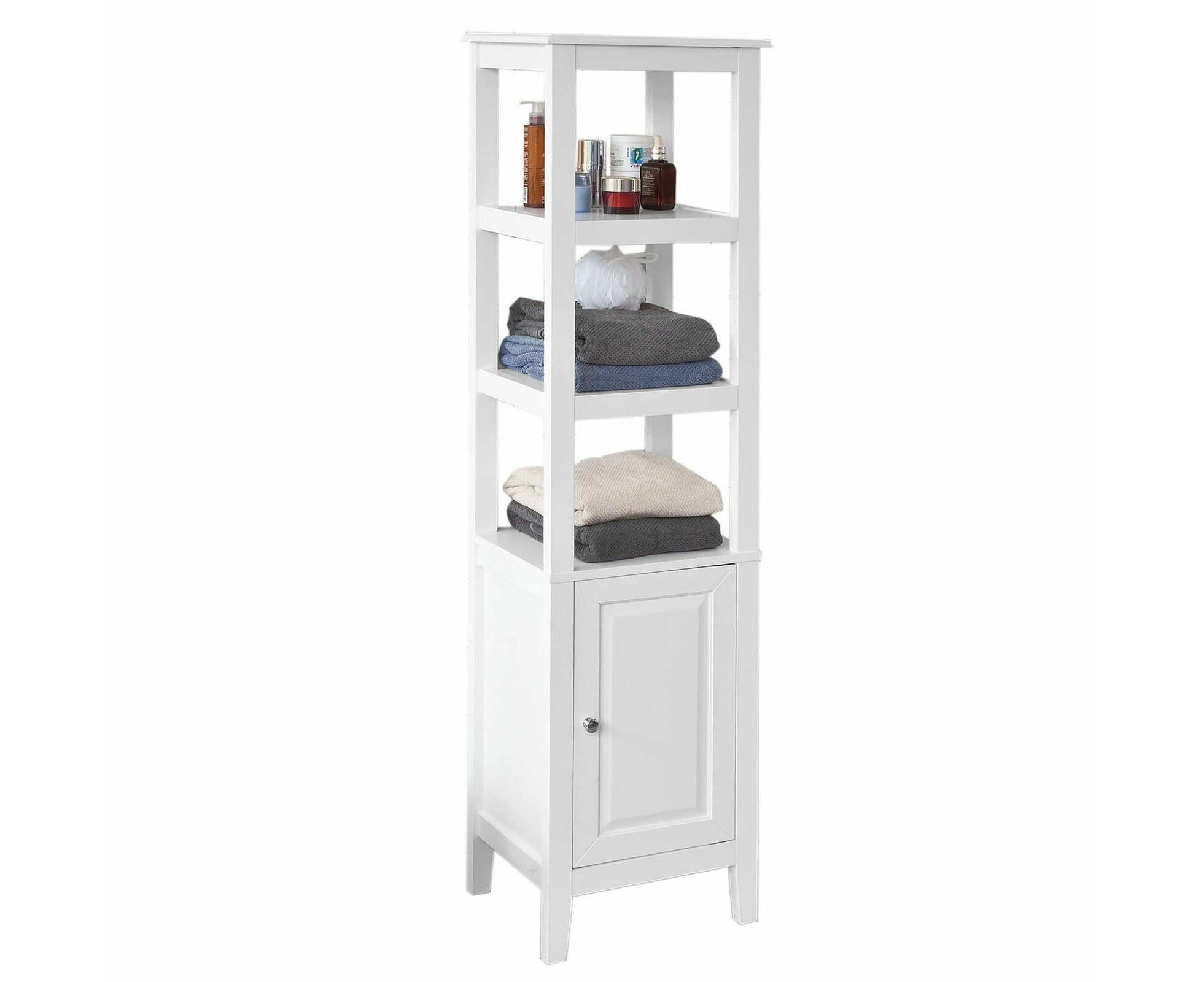 Floor Standing Tall Storage Cabinet With 3 Shelves And 1 Cabinet Bathroom