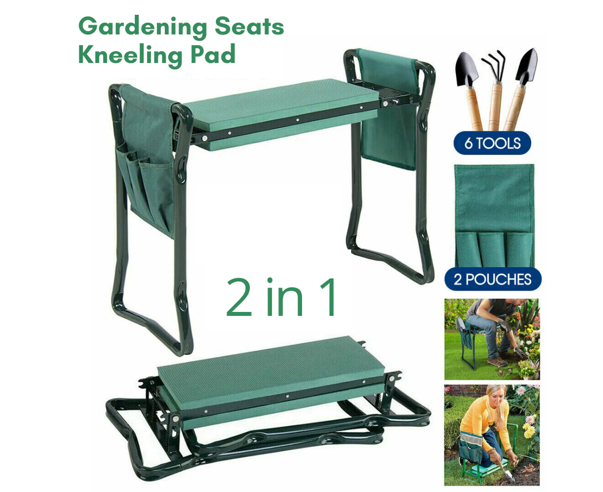 2 In1 Garden Kneeler Padded Pad Seat Stool Gardening Work 6 Tools + 2 Pouches