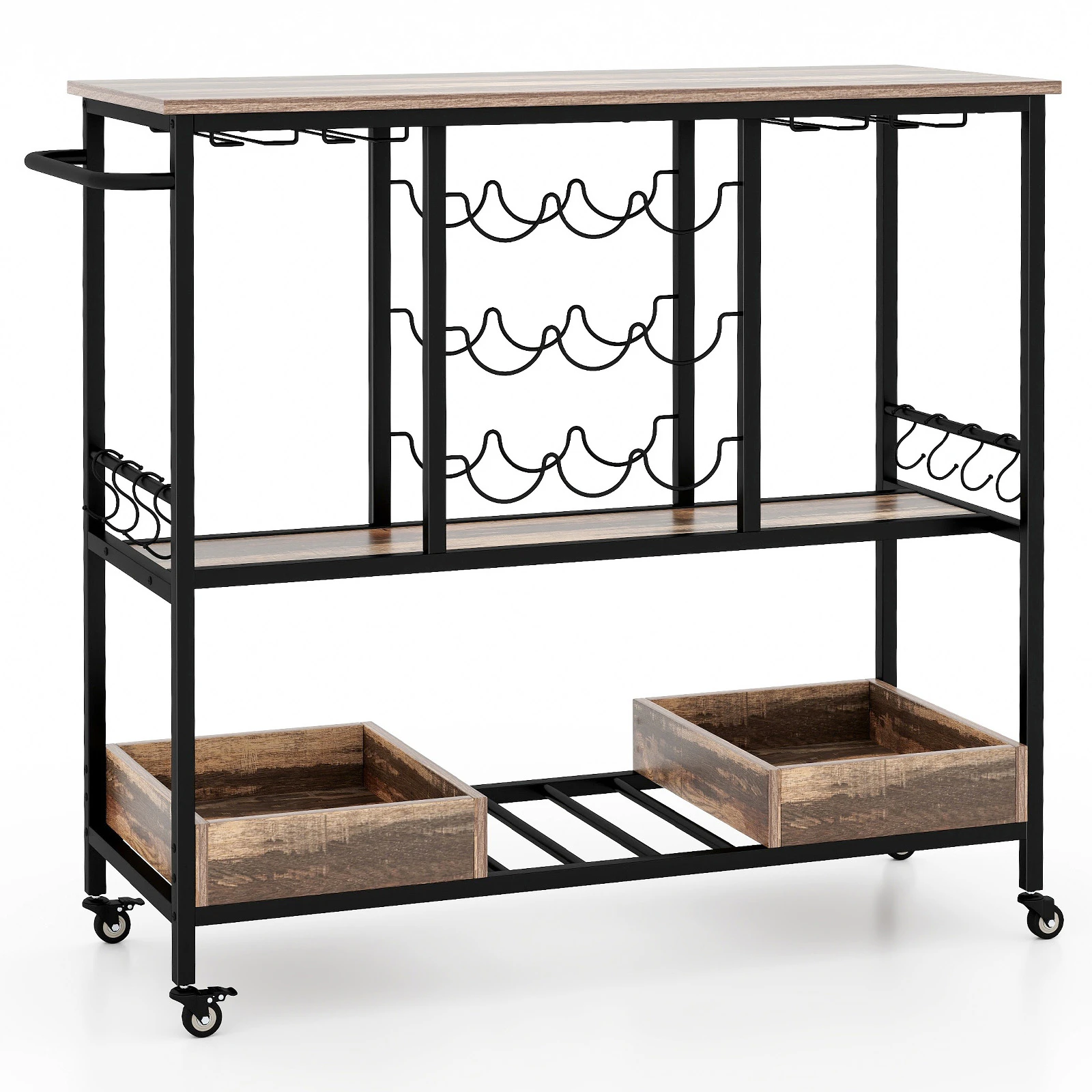 Costway 3-Tier Bar Cart Mobile Drinks Trolley Wine Rack Glasses Holder Kitchen Serving Grey