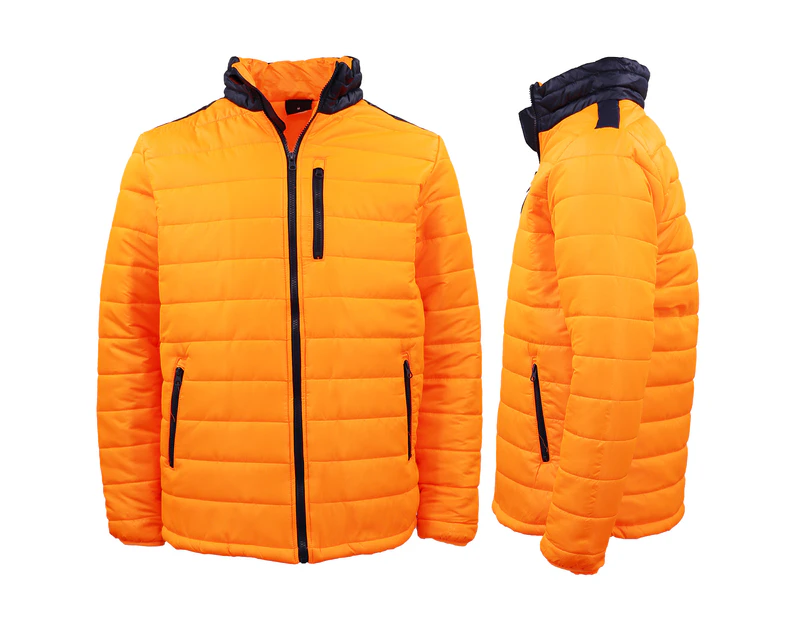 HI VIS Puffer Safety Jumper Full Zip Padded Jacket Zip Pocket Workwear Sweater - Fluro Orange