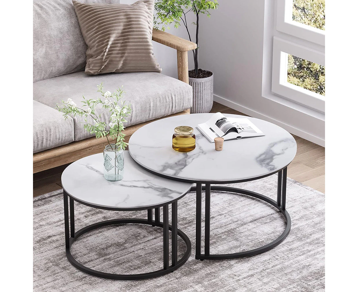 UNHO Set of 2 Sintered Stone Coffee Tables Living Room Nesting Table Center Tables Strong Frame - White