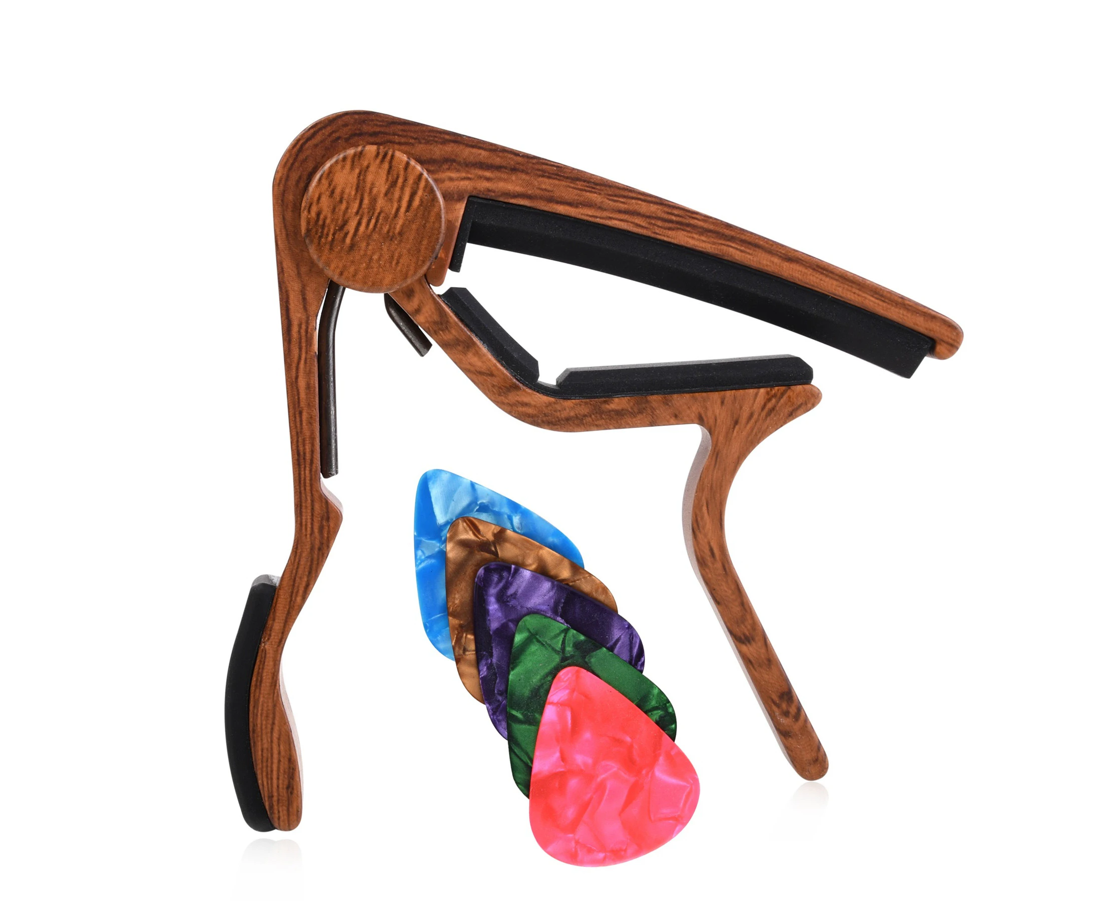 Guitar Capo for Acoustic and Electric Guitars - Rosewood Color with 5 Picks