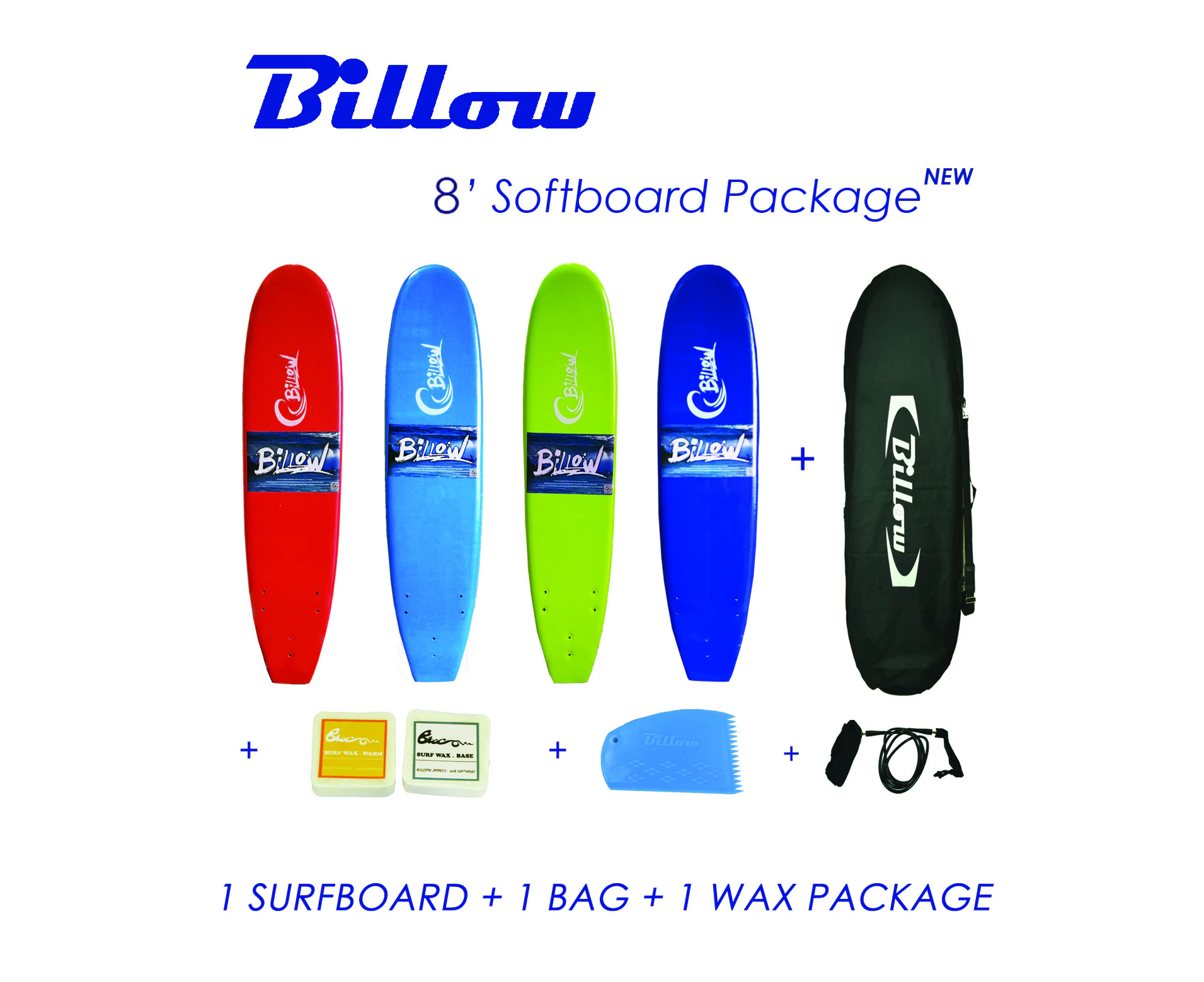 Billow 8ft Green Soft Surfboard Package Deal, Soft Board + Bag + Wax + Fins