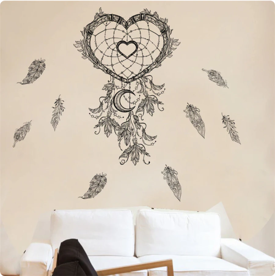 CRESCENT MOON LOVE HEART DREAMCATCHER FEATHERS 3D WALL STICKER MURAL ART Decal