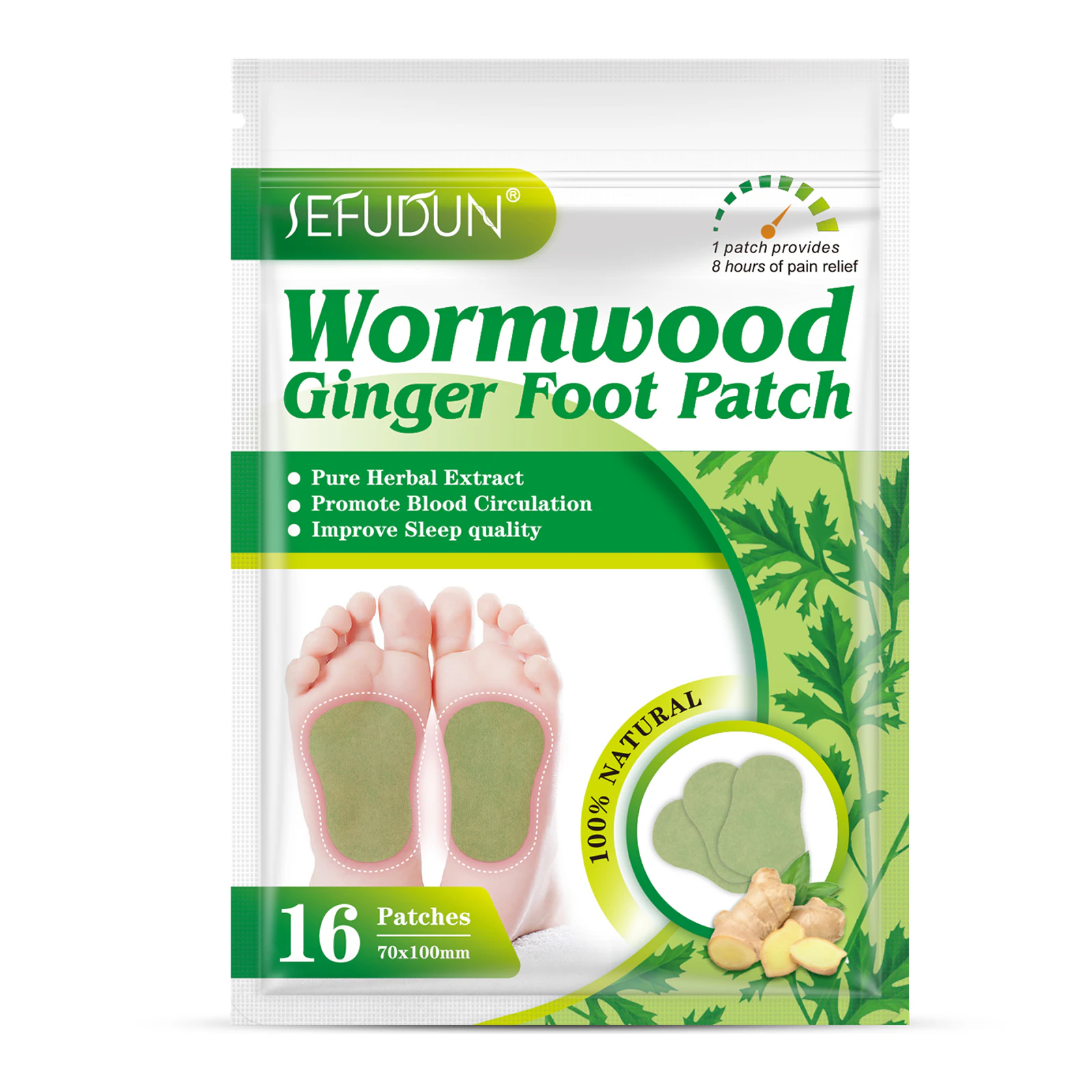 Sefudun Wormwood Ginger Foot Patch Patch Relief Stress Improve Sleep Slimming Body, Pack of 16pcs