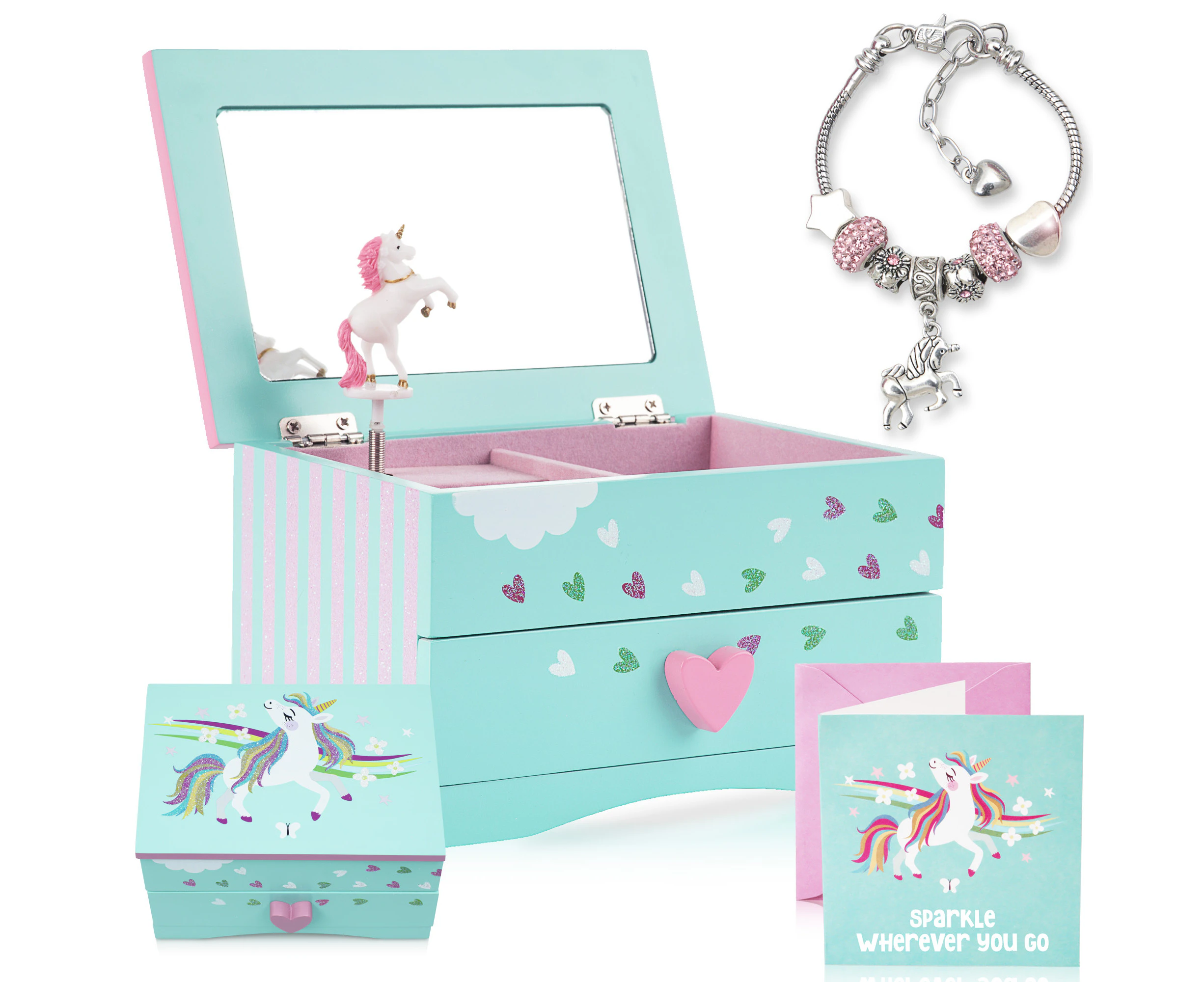 Amitié Lane Musical Unicorn Jewelry Box For Girls With Unicorn Charm Bracelet Plus Augmented Reality App (STEM Toy) - Gifts For Girls - Mint