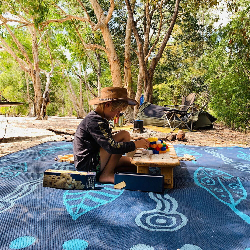 RECYCLED Outdoor Rug | GUM LEAVES & WATERHOLES Design, 3m Square, Teal, Grey & Navy