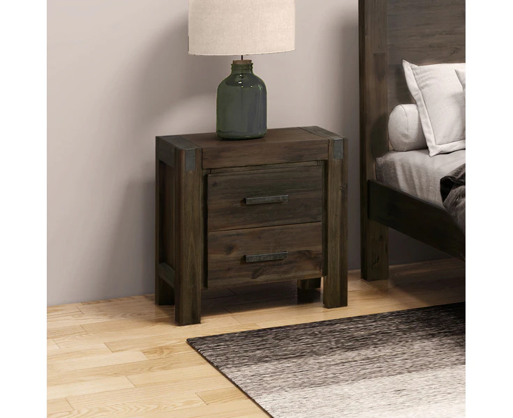 Bedside Table 2 drawers Night Stand Solid Wood Acacia Storage in Chocolate Colour