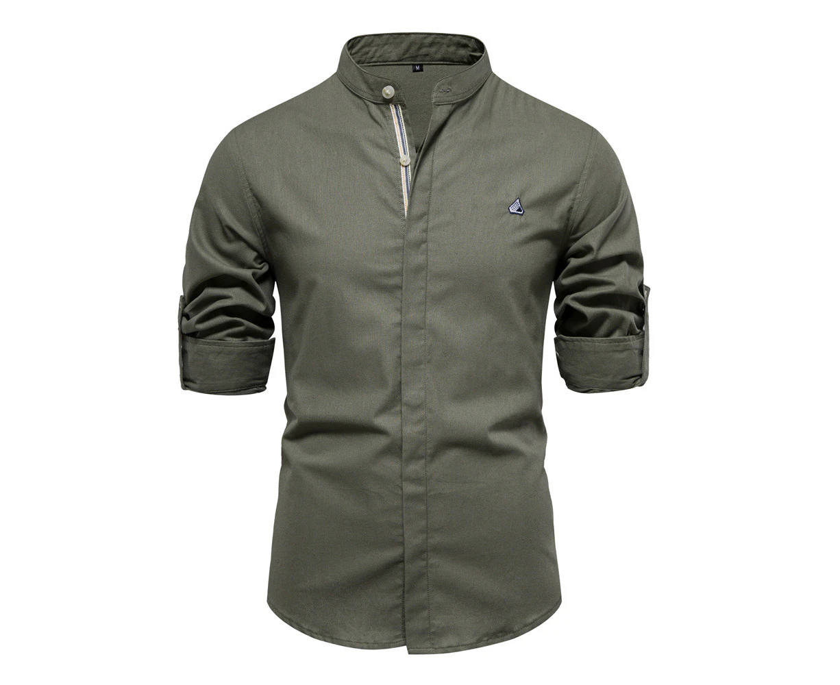 Men's Long Sleeve Cotton Shirts Casual Button-down Shirts Regular Fit Solid Work Shirts Stand Collar Business Shirts for Men-Army Green