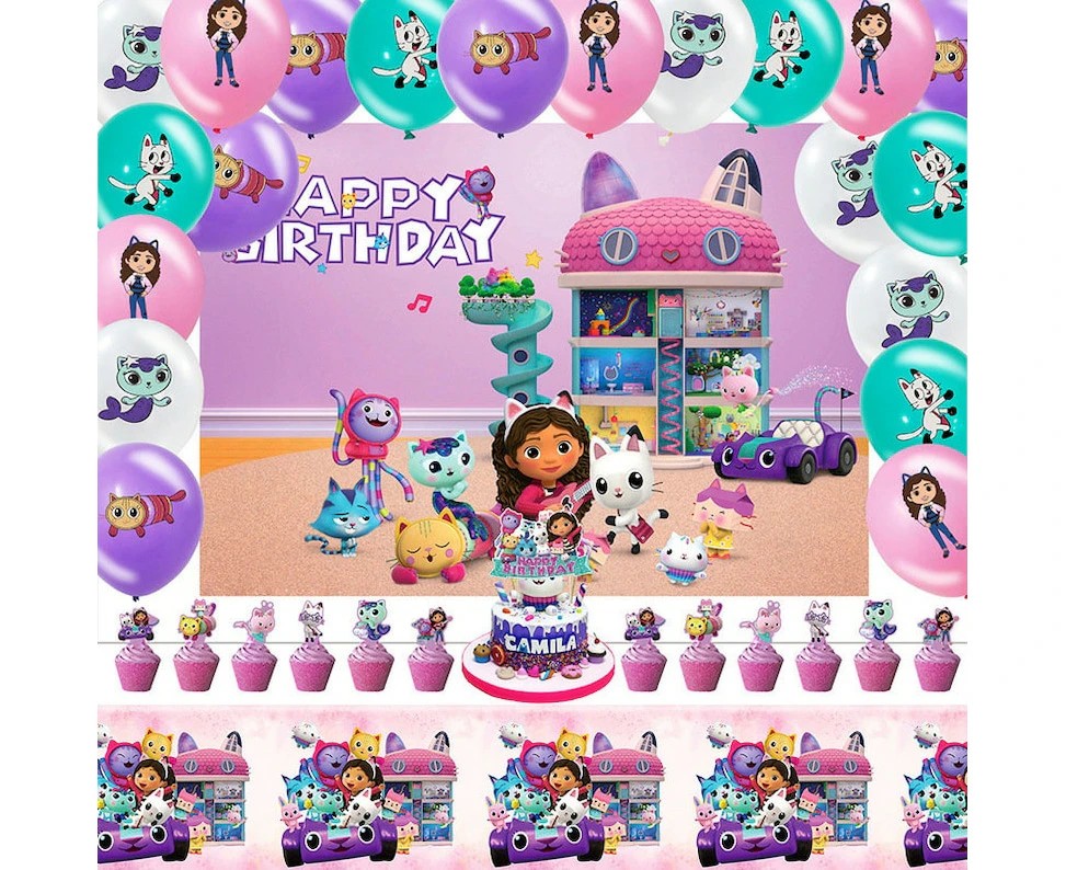 Gabby's Dollhouse Theme Party Decorating Set | Birthday Backdrop Banner Latex Balloons Birthday Cake Cupcake Toppers Tablecloth