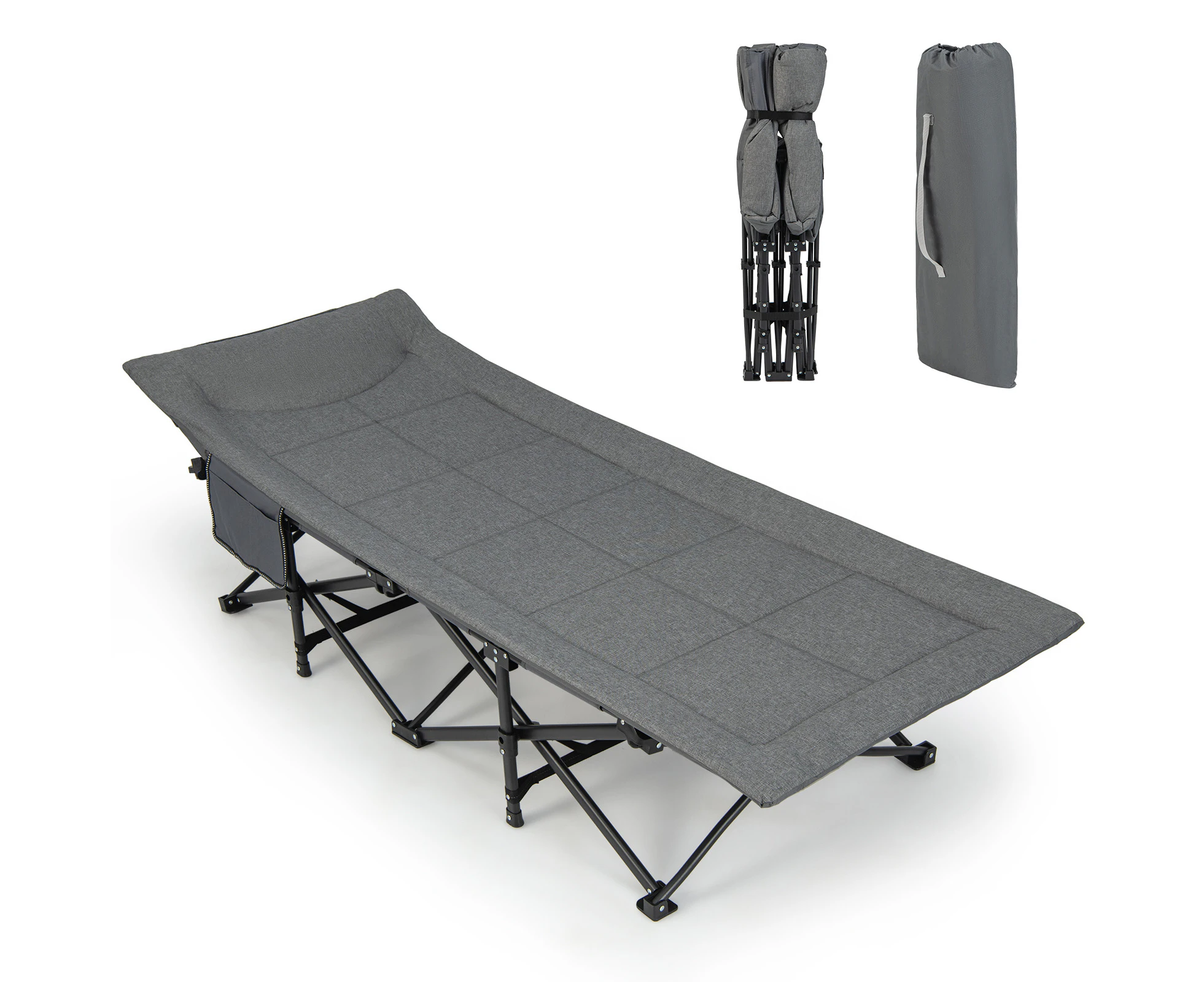 Folding Camping Cot Portable Tent Sleeping Bed with Cushion Headrest Carry Bag Gray