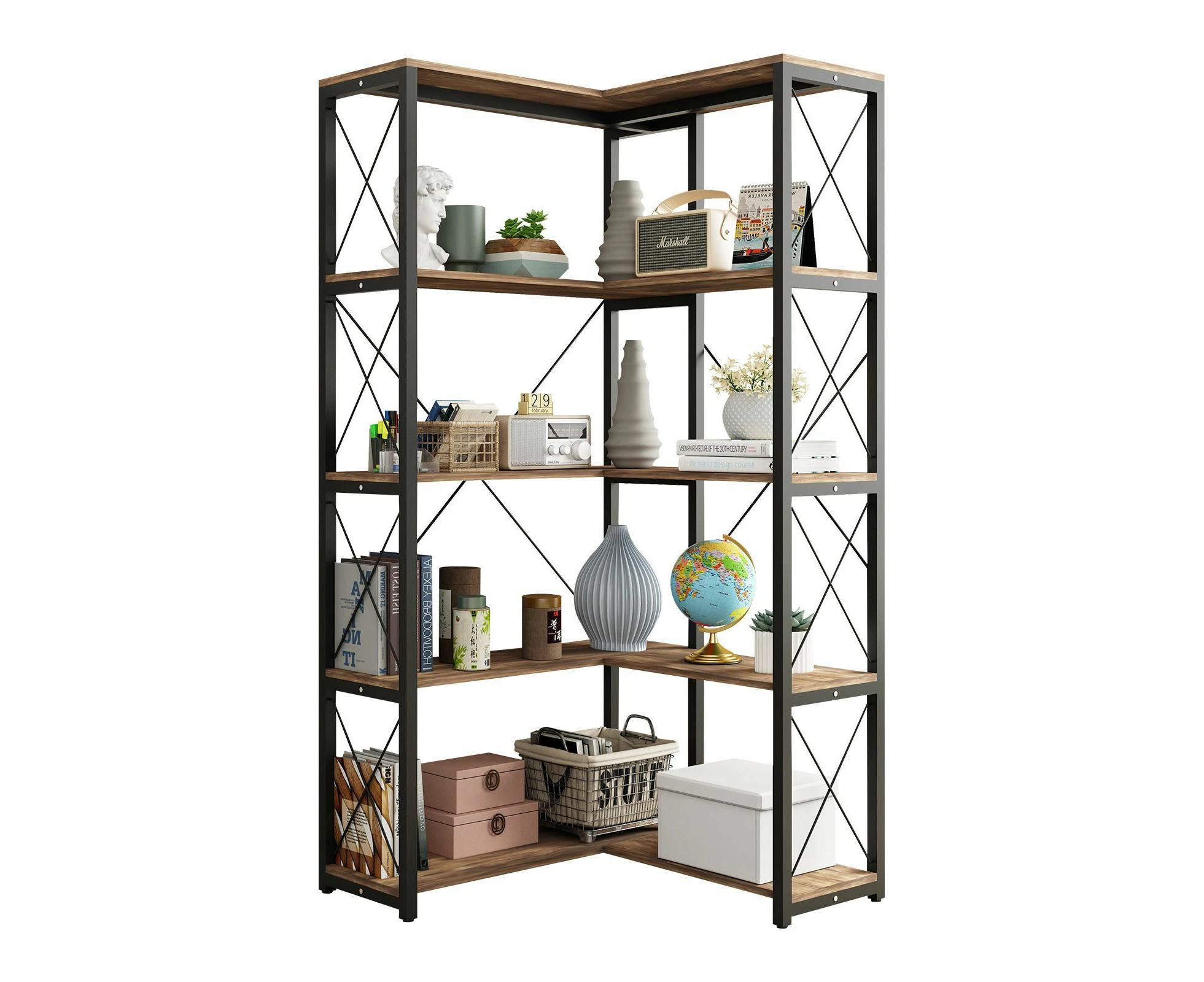 Bookshelf Display Corner Shelf 4 Tier CD DVD Photo Storage Media Rack Plant Ornament Holder Metal Shelving Black