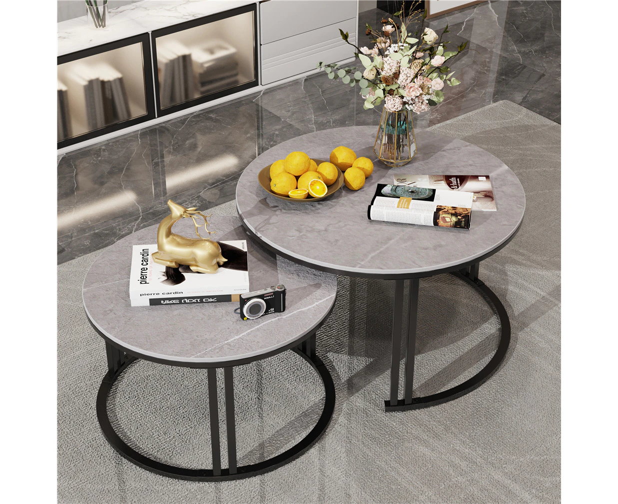 UNHO Set of 2 Sintered Stone Coffee Tables Living Room Nesting Table Center Tables Strong Frame - Grey