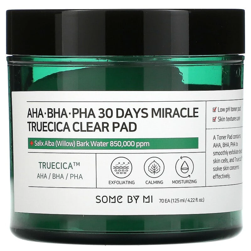 Some By Mi, AHA/BHA/PHA 30 Days Miracle Truecica Clear Pad, 70 Pads, 4.22 fl oz (125 ml)