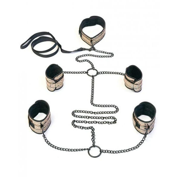 Faux Leather Collar, Wrist, Ankle Restraints & Leash Bondage Kit Gold