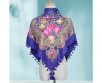 puluofuh Tassel Decor Square Soft Windproof Retro Scarf Lady Autumn Winter Ethnic Style Print Cotton Shawl-Royal Blue