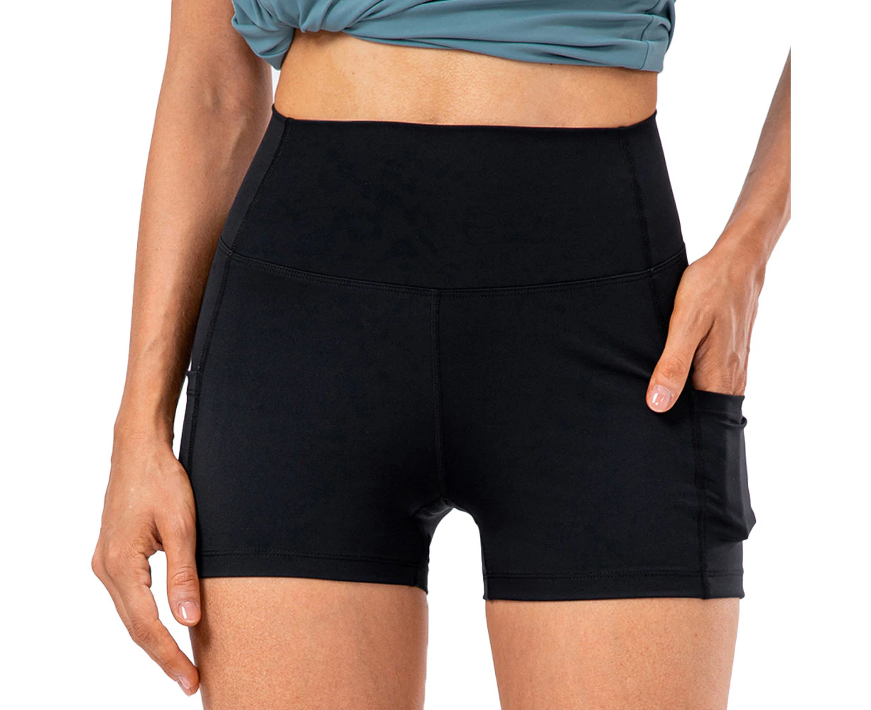 Sculpting Black Elastic Force Yoga Shorts with Pockets - High Waisted Workout Booty Shorts for Women