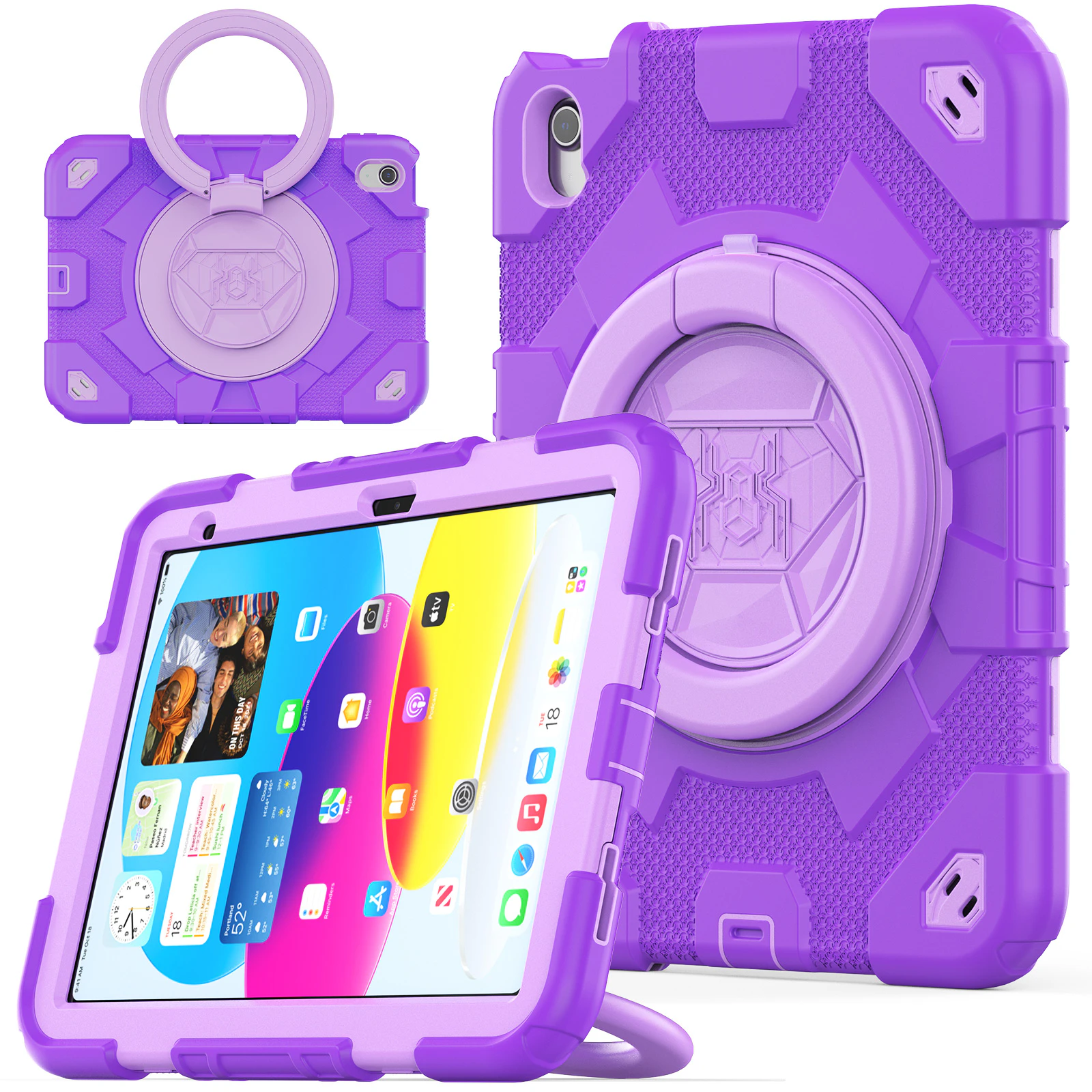 WASSUP iPad 10th Gen 10.9 inch 2022 Rotatable Handle Bracket Pencil Holder & Shoulder Strap Shockproof Kids Super-Hero Case-Purple&Purple