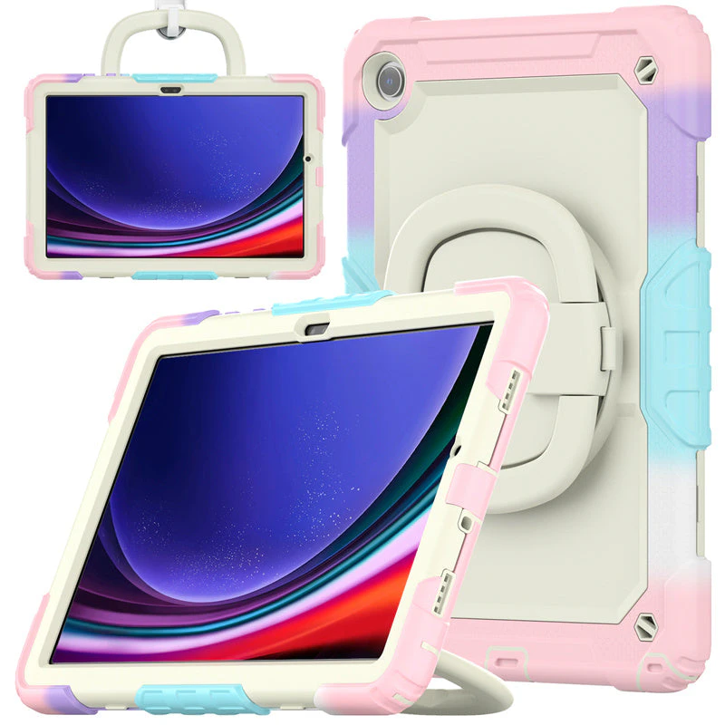 WASSUP Samsung Galaxy Tab A9+ 11 inch 2023 Full-Body Shock Proof Case With Screen Protector 360 Degree Handle Ring Folding Stand-RainbowPink