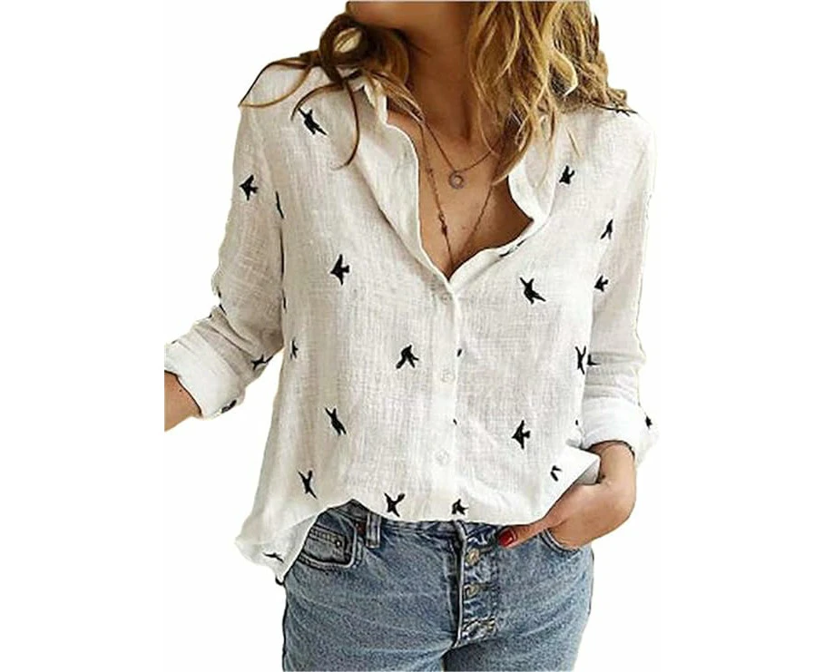 Women's long-sleeved shirt V-neck blouse elegant business shirt with button-P-White