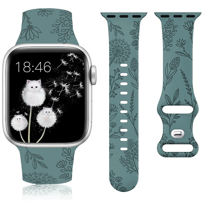 WASSUP Floral Engraved Silicone Bands Soft Sport Wildflower Strap for iWatch Ultra Series 9 8 SE 7 6 5 4 3 2 1-F04 PineGreen