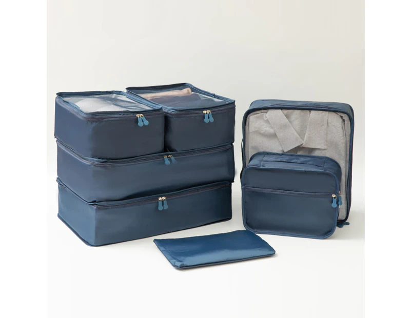 Travel Bag Set Cationic Seven Piece Suitcase Clothes Shoes Toiletries Sorting-Dark Blue