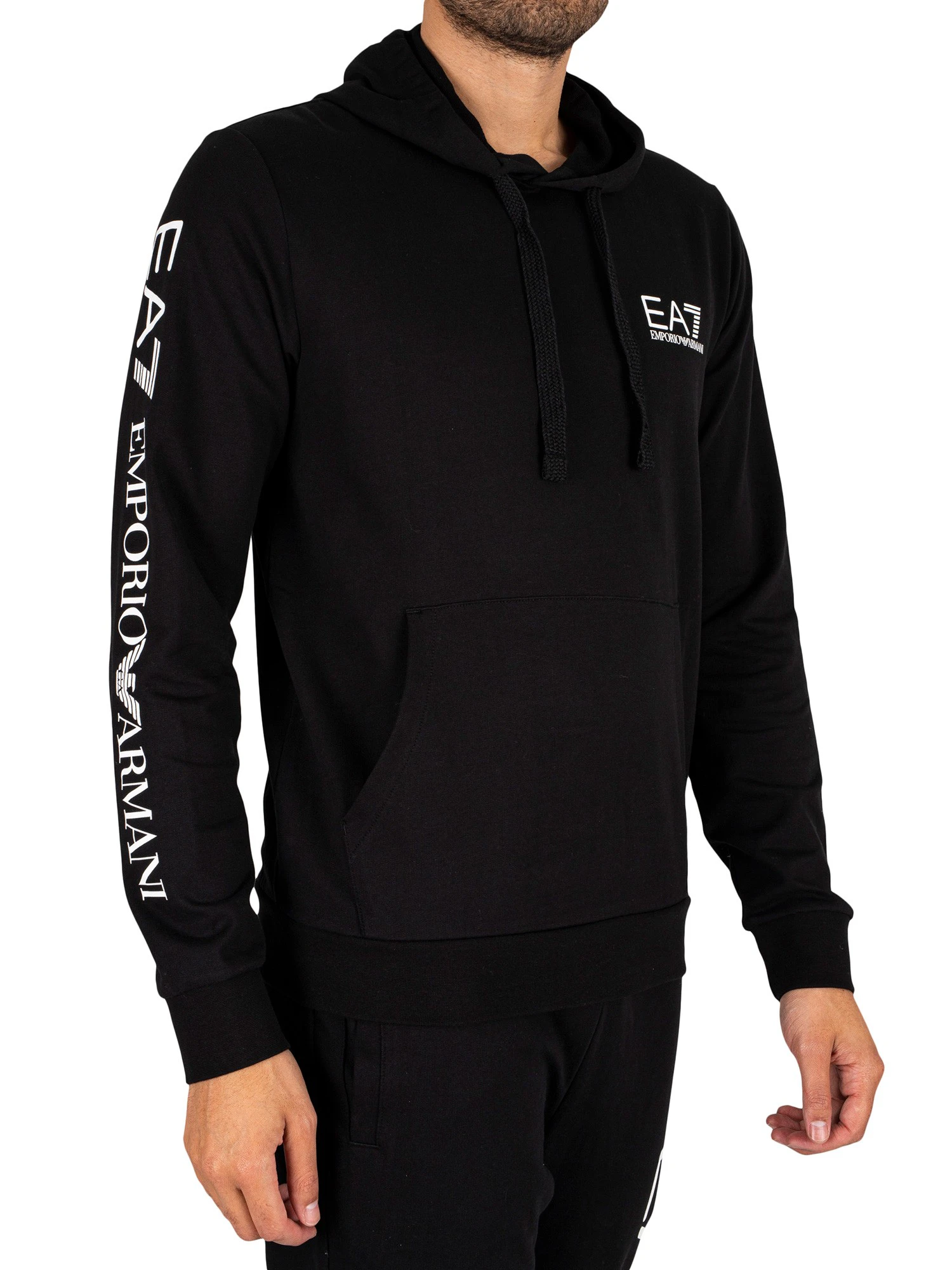 EA7 Men's Sleeve Brand Pullover Hoodie - Black