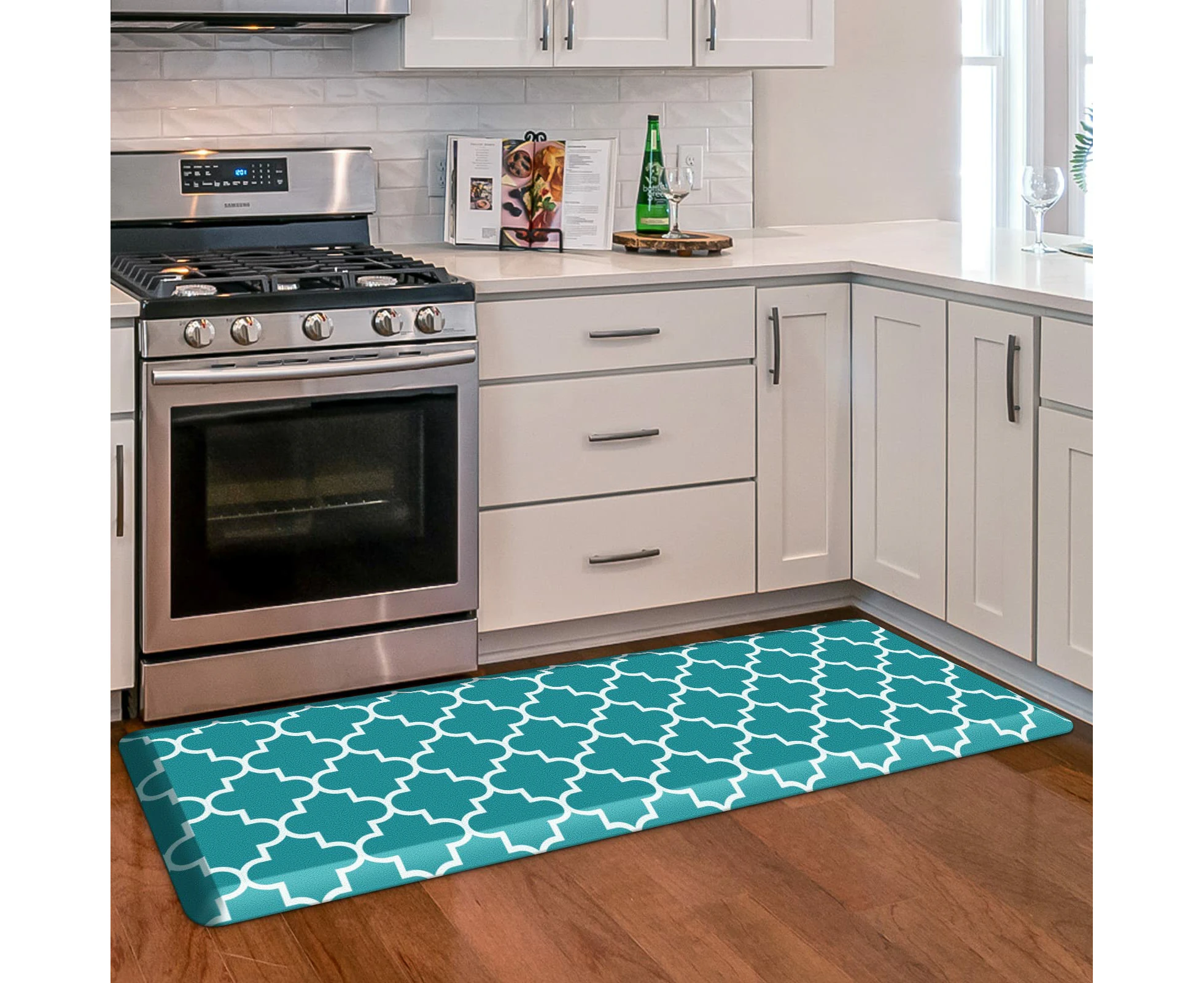 Anti-Fatigue Moroccan Pattern Kitchen Floor Mat Non-Slip Heavy Duty Comfort Memory Foam Kitchen Rug - Green