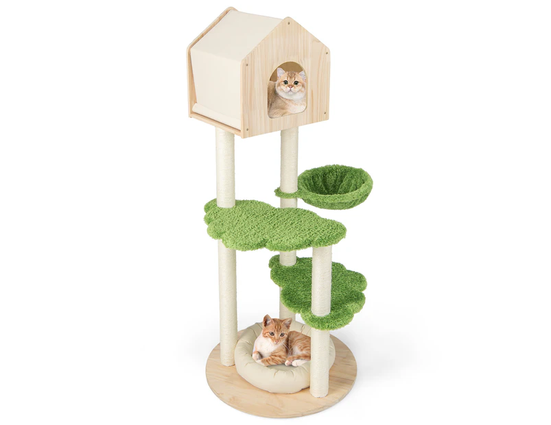 Costway 139cm Cat Scratching Post Tower Cat Climbing Tree w/Hammock Platform & Condo House Green